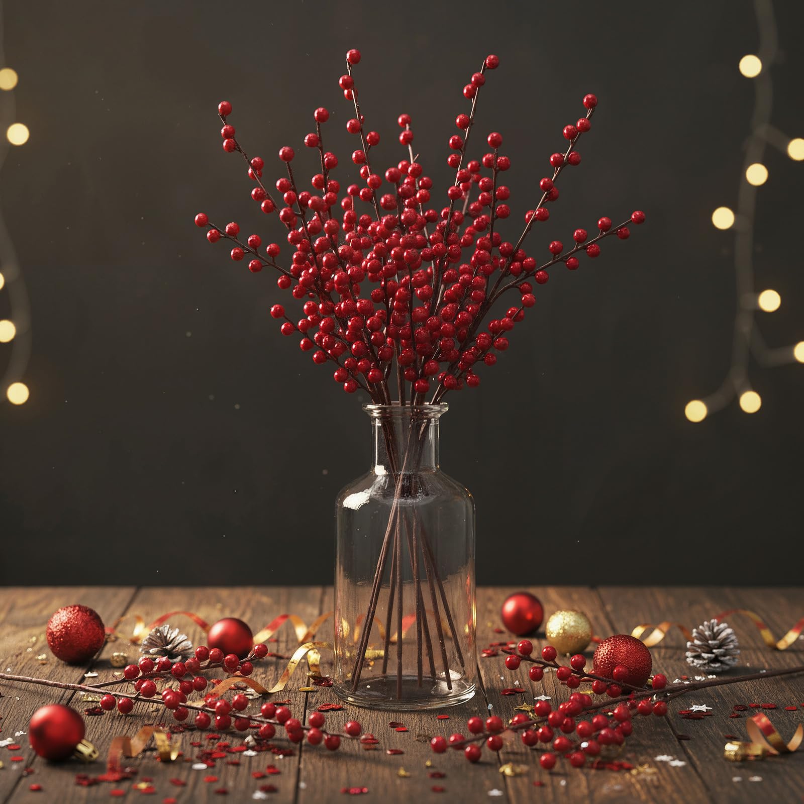 WILLBOND Künstliche rote Beerenstiele, 54 cm, rote Beeren, Stechpalmenbeerenzweige für Weihnachtsbaum, Neujahr, Dekoration, DIY Handwerk (Weinrot, 8 Stück)