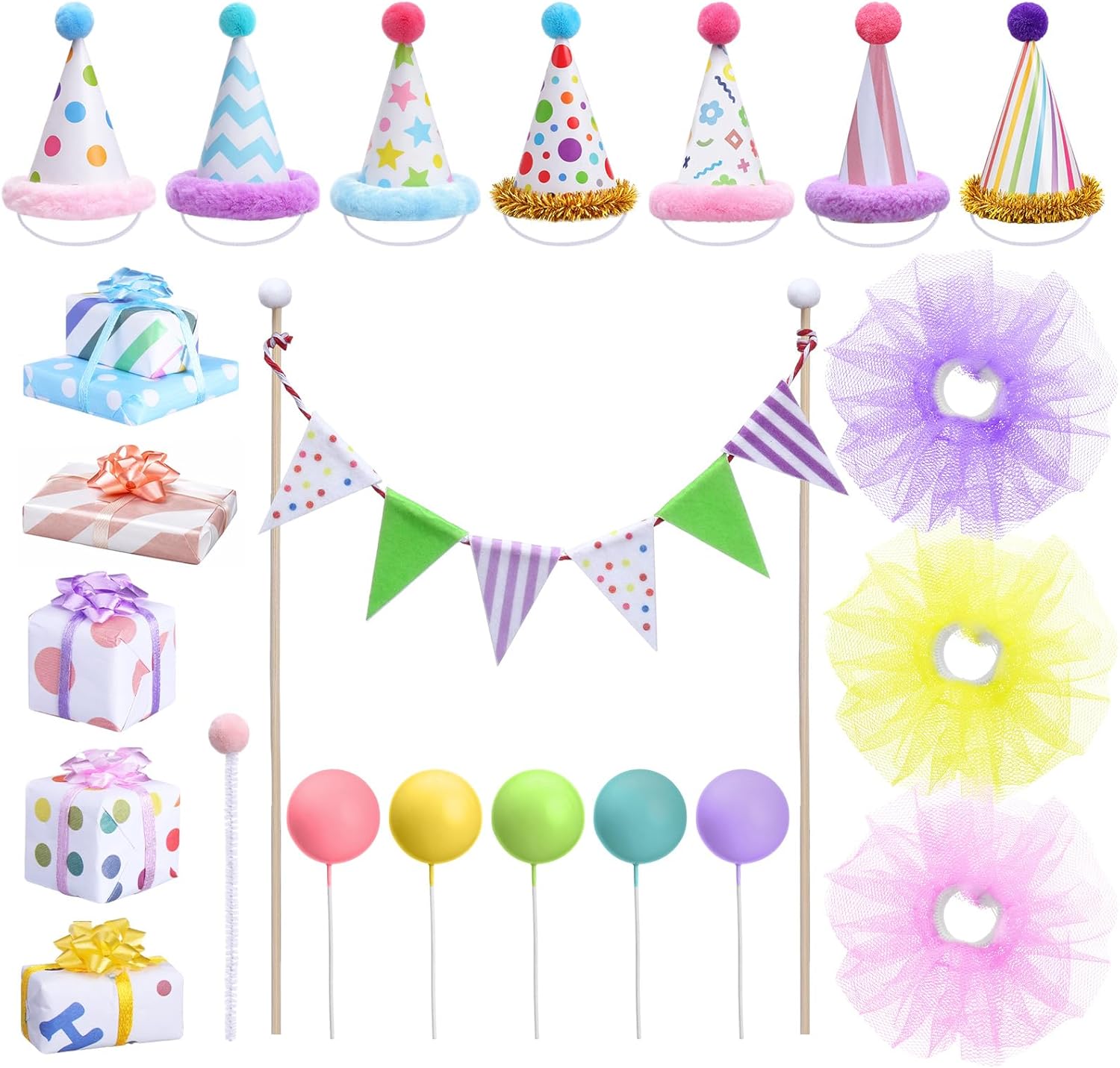 Weysat 22 Pcs Animal Birthday Party Decorations Animal Cake Cupcake Toppers with Mini Hat Gift Box Cake Flag Skirt Lollipop for Jungle Safari Dollhouse Themed Birthday Party Favor Supplies, No Animals