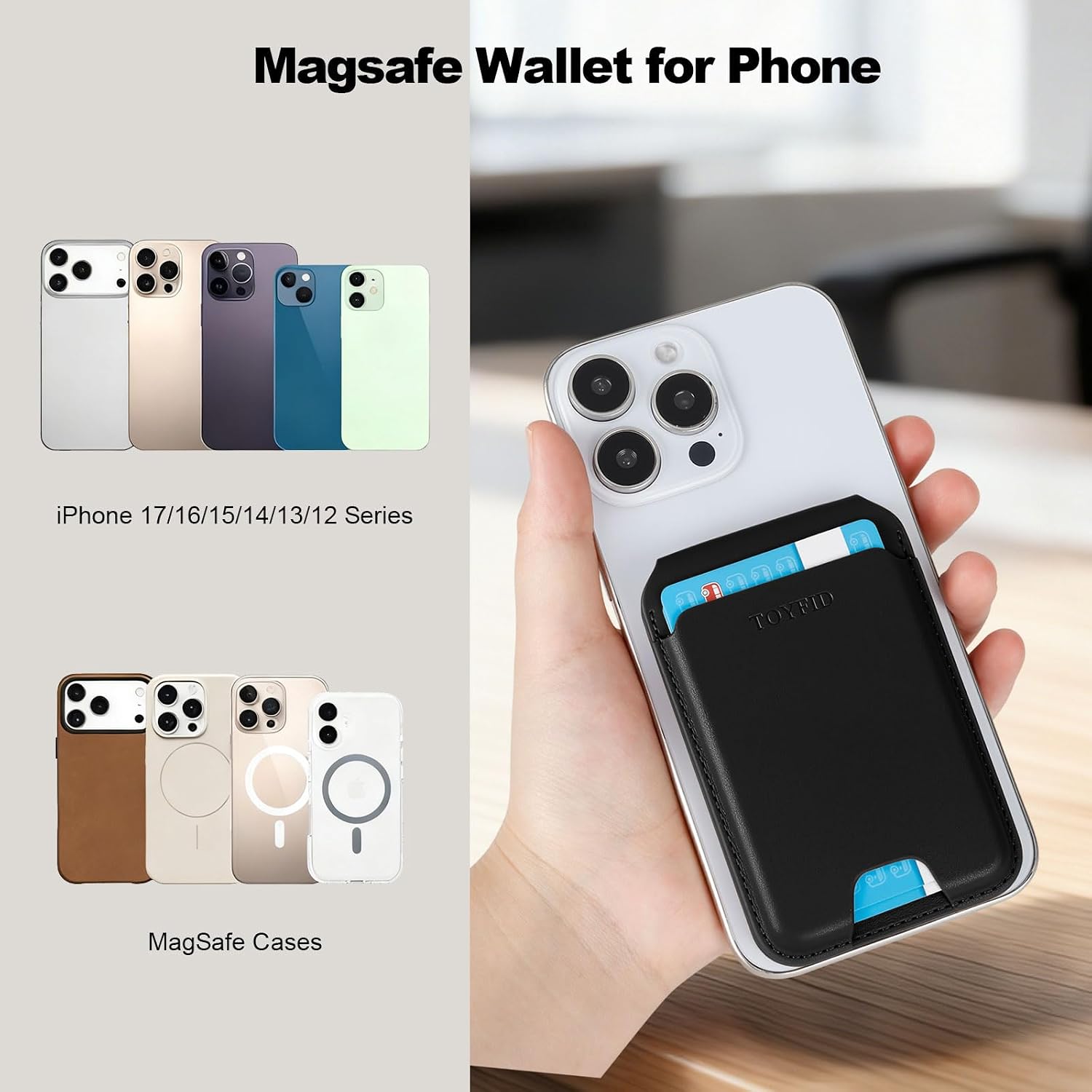 Men's Magnetic Leather Wallet, MagSafe RFID Card Holder with Stand Black image 2