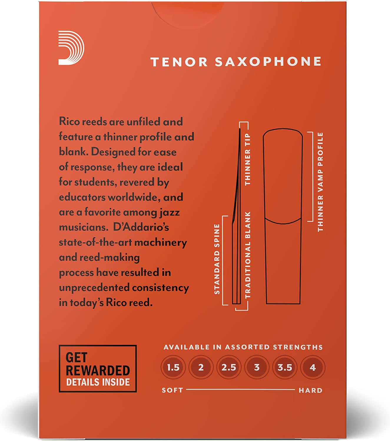 Rico Tenor Saxophone Reeds - Tenor Sax Reeds - Unfiled Cut, Thinner Vamp for Ease of Play - Strength 2.5-10 Pack : Musical Instruments