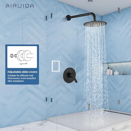 Miniatura 3 de Airuida Juego completo de grifo de ducha con cabezal de ducha, válvula de ducha de una sola función y kit de molduras, cabezal de ducha redondo