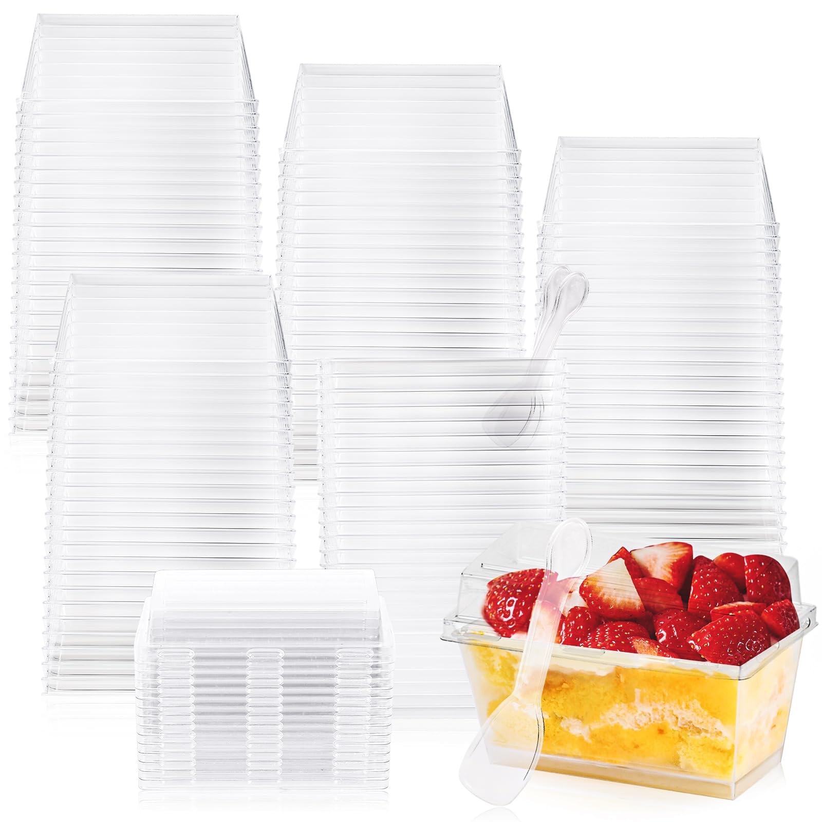 50Pcs Rectangle Dessert Cups with Lids & Spoons, 160ml Mini Rectangle Dessert Pots, Clear Reusable Individual Cheesecake Pots for Parfait Appetizer Pudding Mousse Party