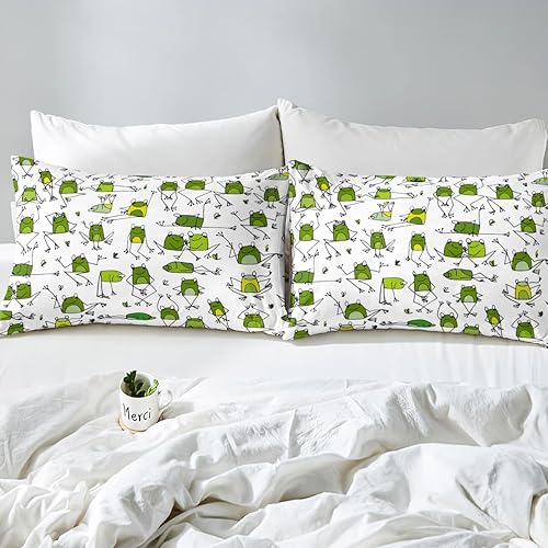 Miniatura 4 de Juego de ropa de cama de rana verde, sábana bajera de rana divertida, tamaño individual, sábanas de animales salvajes de dibujos animados para niños