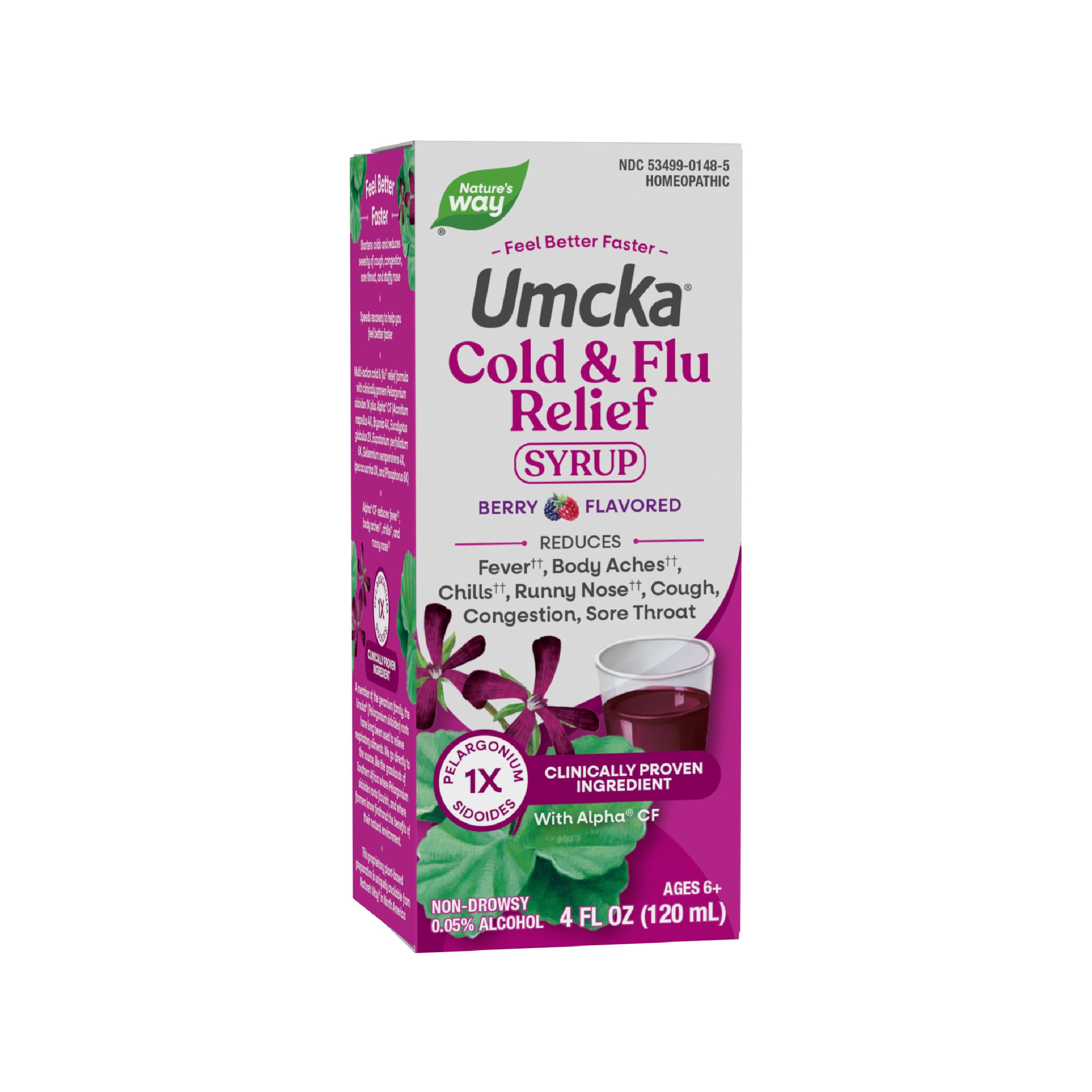 Nature's Way Umcka Cold+Flu Multi-Action Non-Drowsy Syrup, 99.95% Alcohol Free, 4 Oz, Berry Flavor
