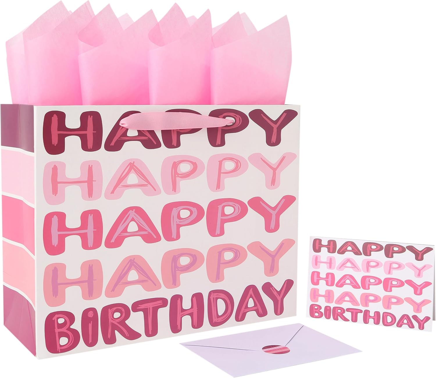 Qirrmiy 13'' Large Pink Happy Birthday Gift Bag Set with Handles, Greeting Card, Tissue Papers and Stickers for Women Girls Kids Teens, Words Design, 1 Pcs