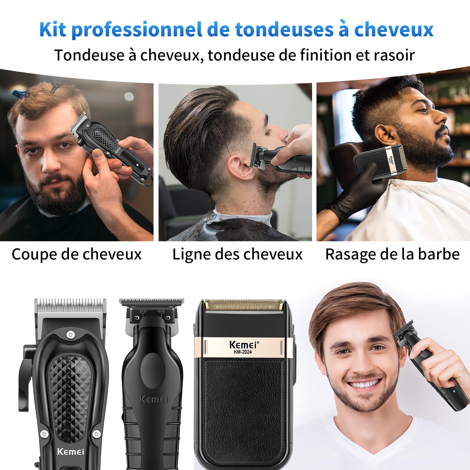 KEMEI Tondeuse professionnelle pour hommes, Ensemble complet de tondeuse à barbe sans fil T-Blade, Kit complet d'électrique de coupe de cheveux avec 9 peignes de guidage