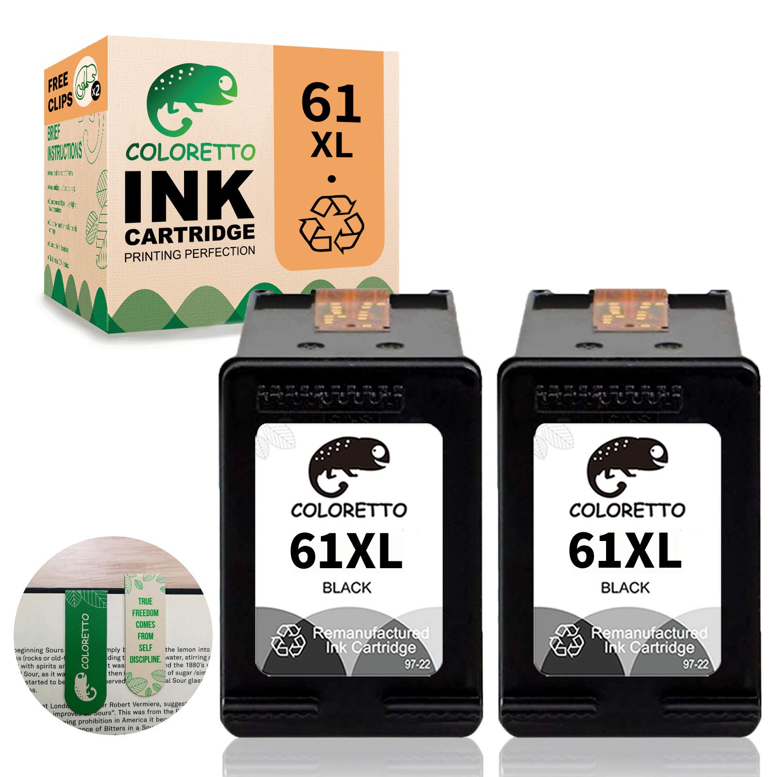 Coloretto Remanufactured Printer Ink Cartridge Replacement for HP 61XL forDeskjet 1000 1010 1012 1014 1050 1050A 1051 1055 (Special Edition Includes 2 Bookmarks) (2Black) Combo Pack