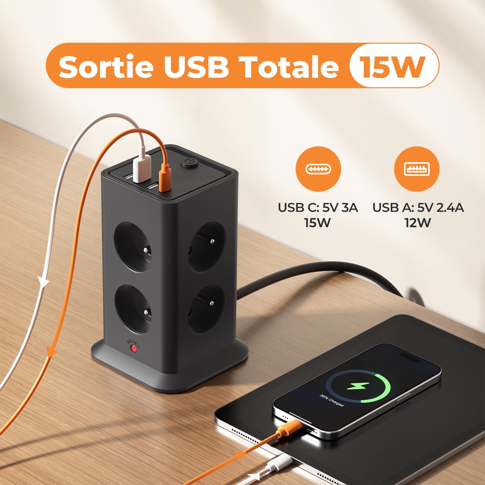 12-in-1-Mehrfachsteckdose mit Schalter, französische Steckdose, 8 AC-Anschlüsse mit 4 USB-Anschlüssen, Mehrfachsteckdose, Überspannungsschutz und Überspannung mit Schalter, 3680 W, Kabel 2 m, für Haus