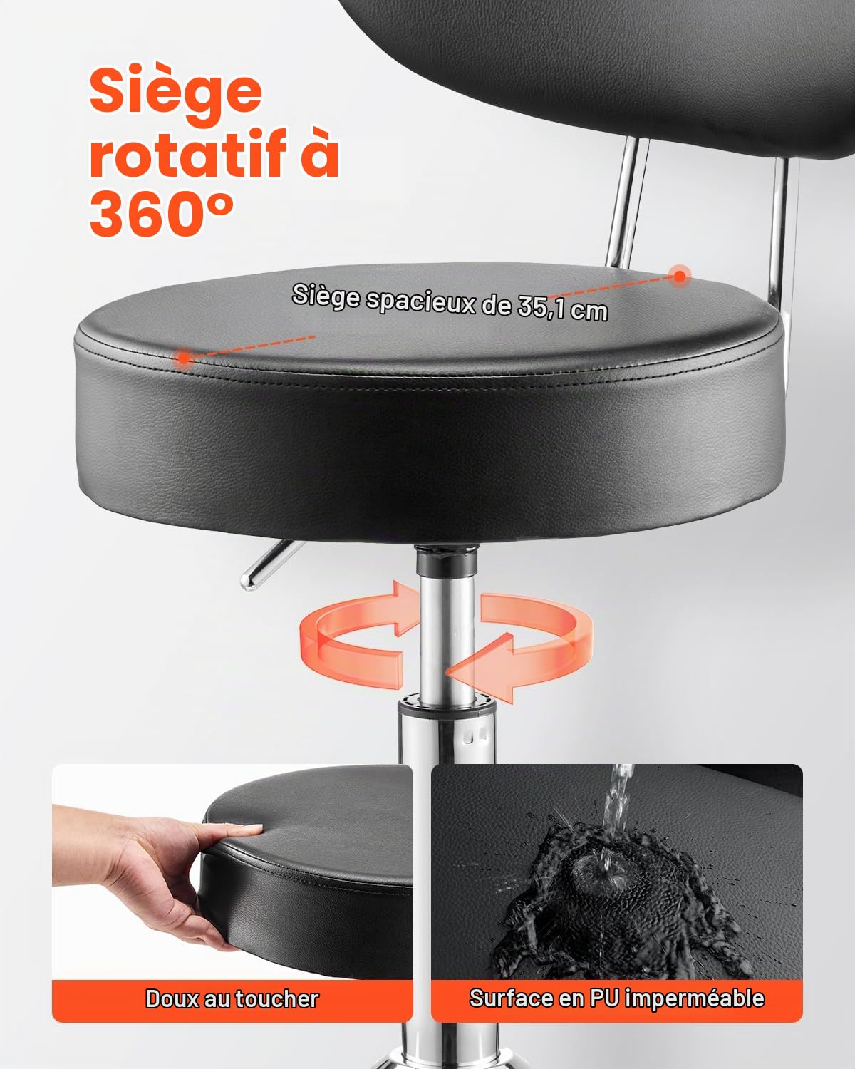 VEVOR Tabouret d'Atelier avec Dossier, Tabouret de Mécanicien sur roulettes Réglable, Capacité de Charge Maximale de 136 kg, Siège Pivotant à 360°, pour Entretien Réparation Automobile Garage, Noir
