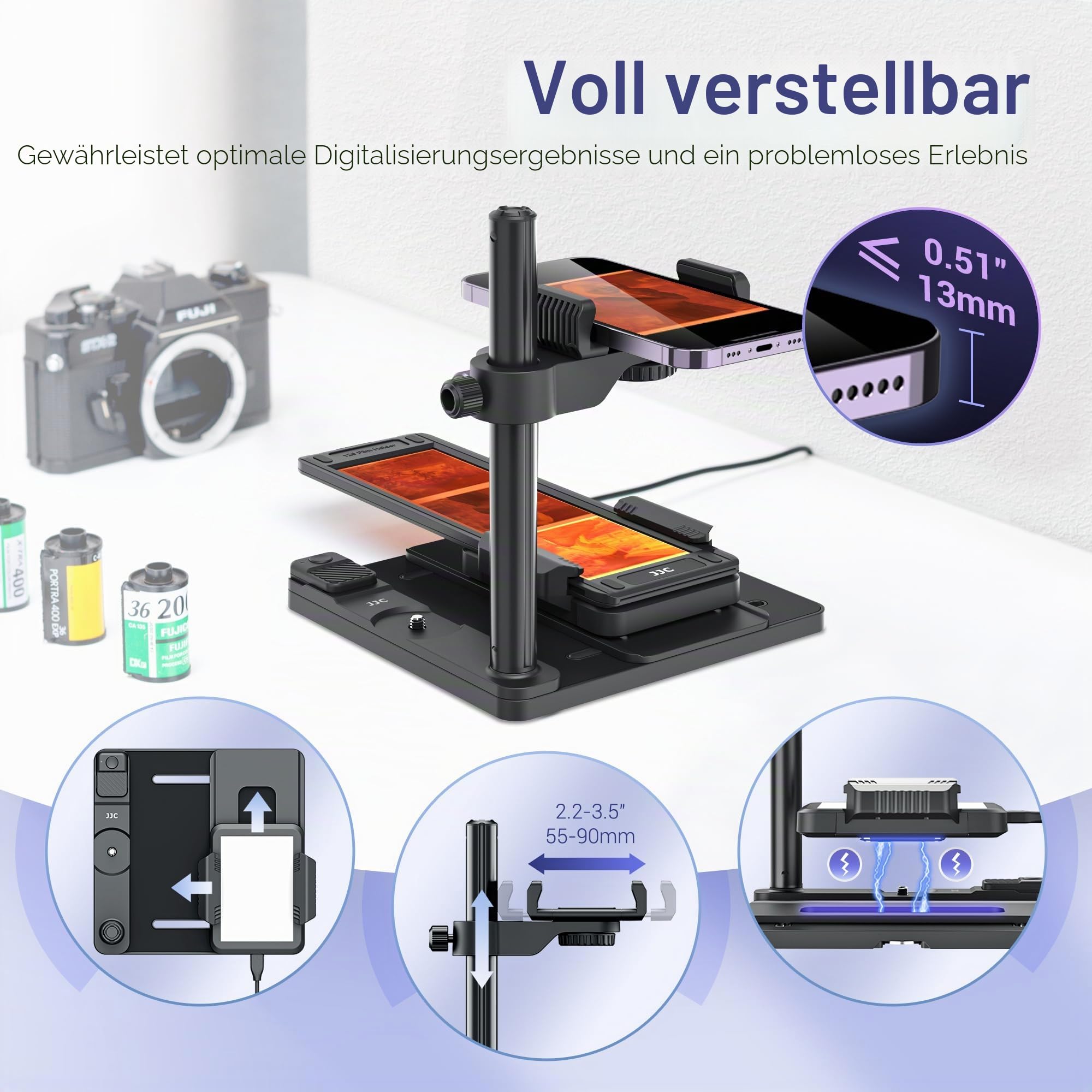 JJC Mobile Film Digitizing Adapter Set Konvertiert 35mm Negativ Film Slide auf Digital JPEG, Negativ Kopieren Adapter mit Magnetischer Hintergrundbeleuchtung Panel/35mm & 120 Film Halter/Fernbedienung