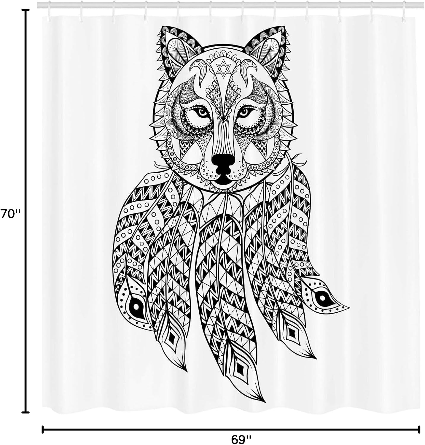 Ambesonne Tribal Shower Curtain, Native American Style Ethnic Wolf Head with Feathers and Paisley Details Print, Cloth Fabric Bathroom Decor Set with Hooks, 69" W x 70" L, White and Black