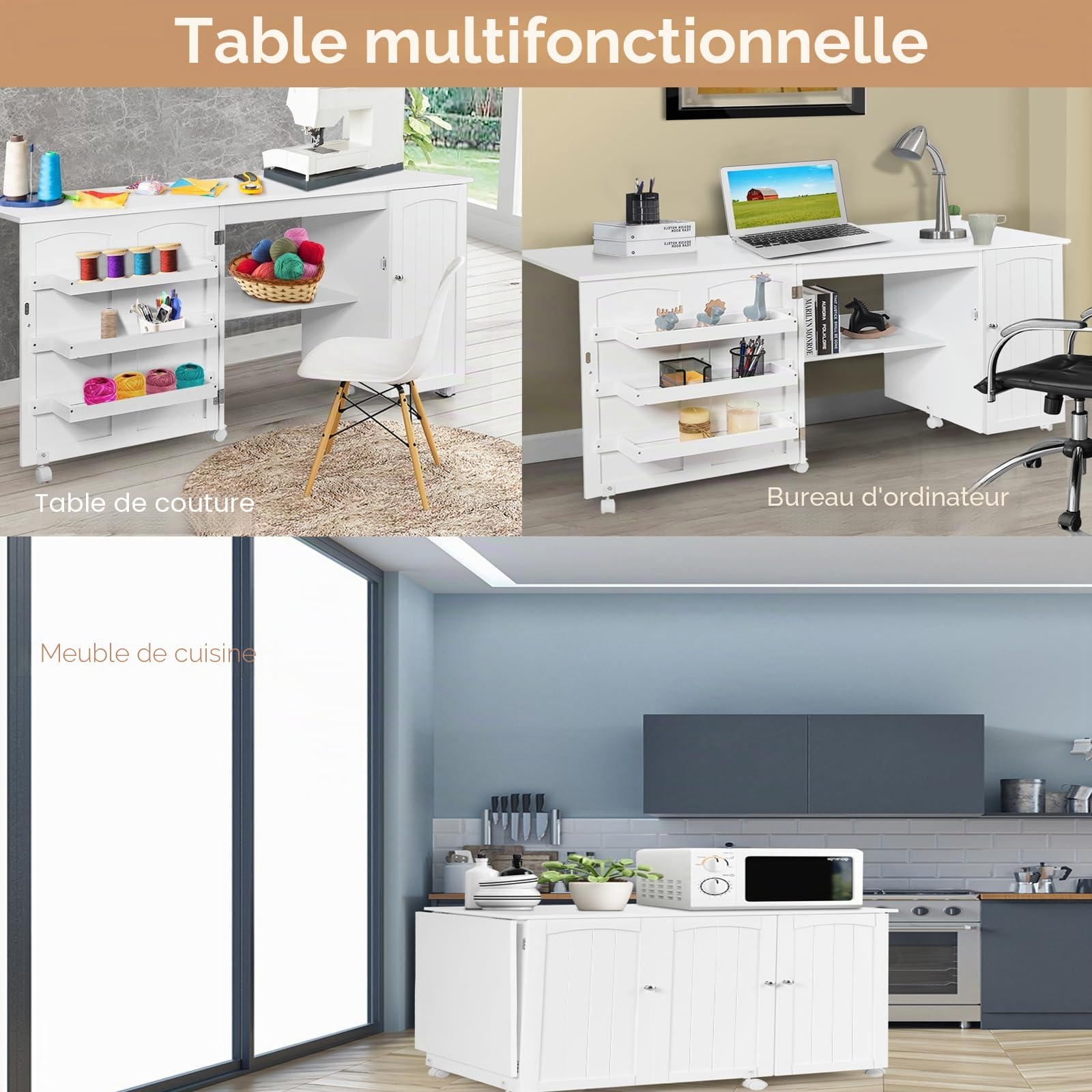 LIFEZEAL Armoire de Couture Pliable 3 en 1, Table pour Machine à Coudre Peu Encombrante, Bureau de Repassage 6 Roues, 3 Étagères, Large Étage, 158,5 x 50 x 74 cm (Blanc, L)