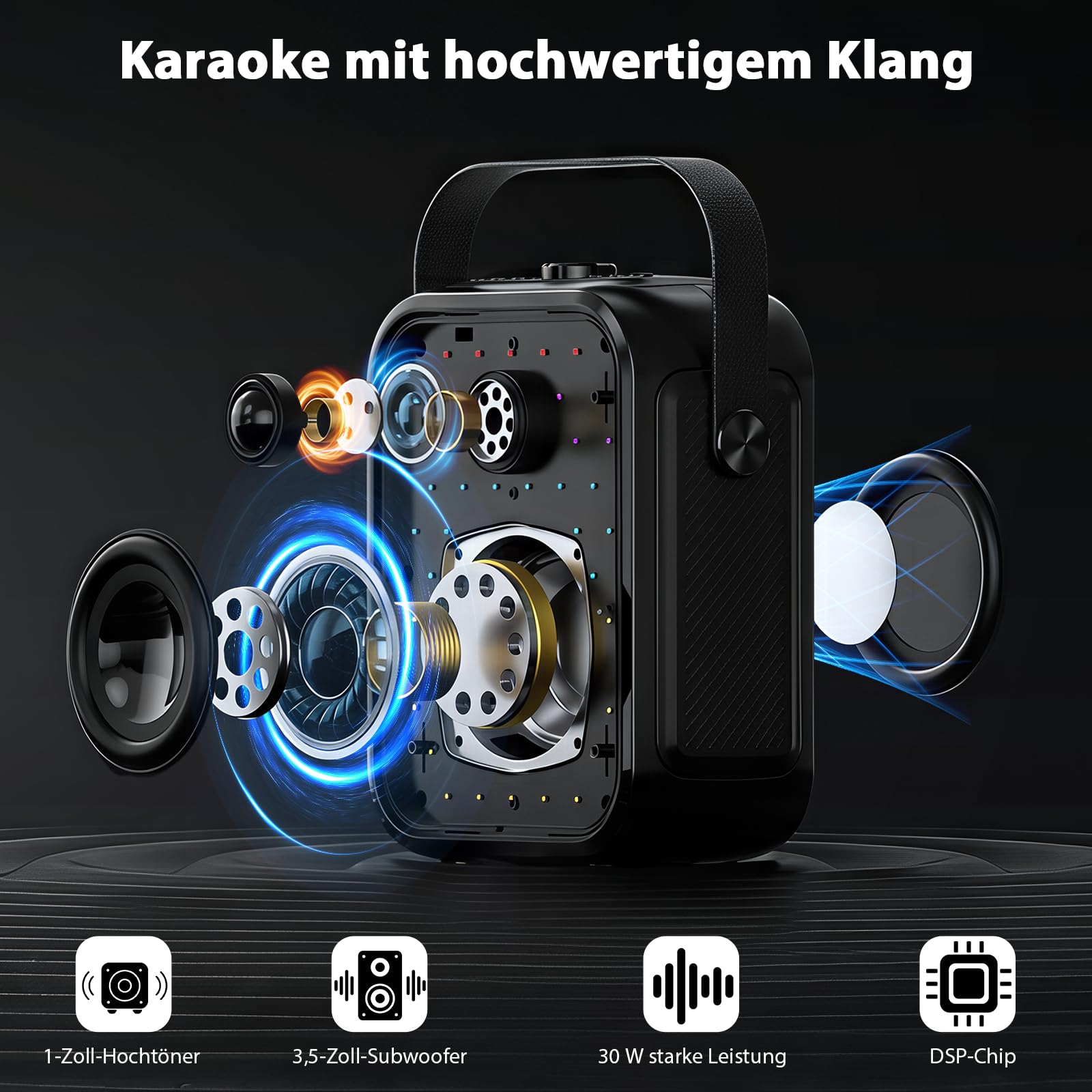 Karaoke Maschine für Erwachsene mit 2 kabellosen Mikrofonen, tragbarer Bluetooth-Lautsprecher mit Stereo-Kopplung, Bassregelung, LED-Beleuchtung und Unterstützung für FM/USB/AUX | Tragbarer Bluetooth-Lautsprecher mit Bass-Anpassung, LED, unterstützt FM/US