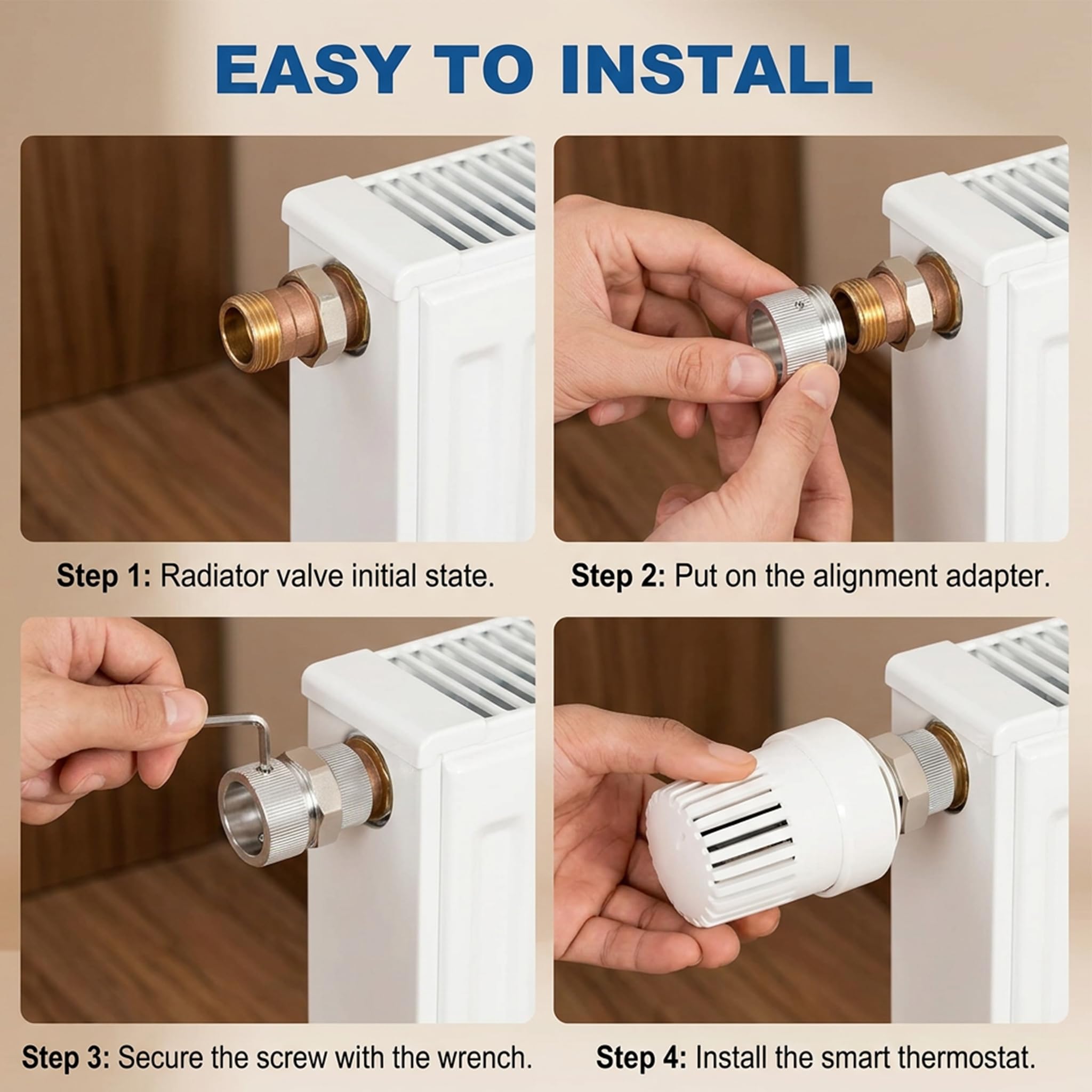 4 Stück Adapter Thermostatventil Heizkörper, Konverter Heizkörperventil, Edelstahl, Kopfteil, Umwandlungsset Heizungsventil M30 x 1,5, Edelstahl 304, einfache Installation mit Schlüssel
