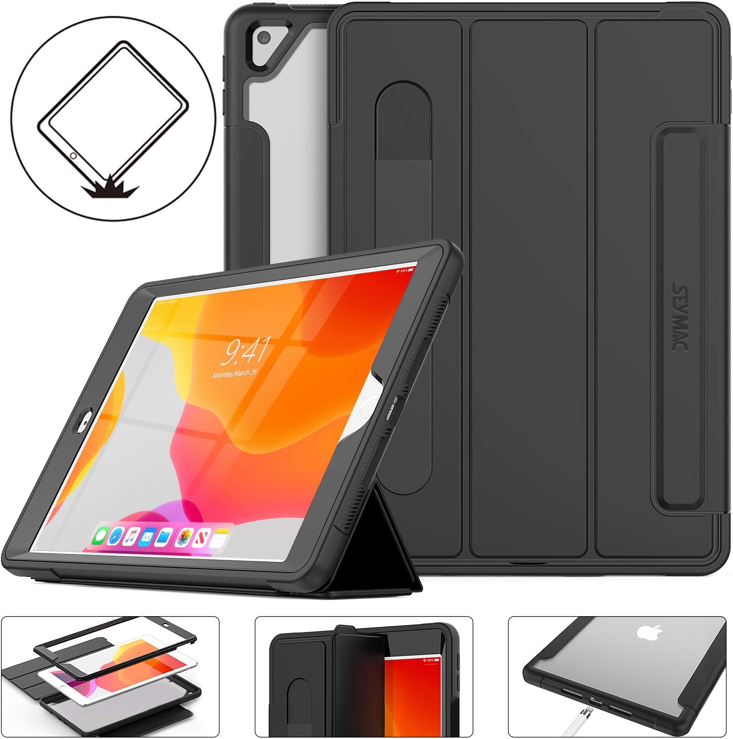 SEYMAC stock iPad 8th/7th Generation Case 10.2'' with [Screen Protector], Heavy Duty [Full-Body] Shockproof Case with Tri-fold Stand for iPad 8th/7th Generation 2020/2019 (Black)