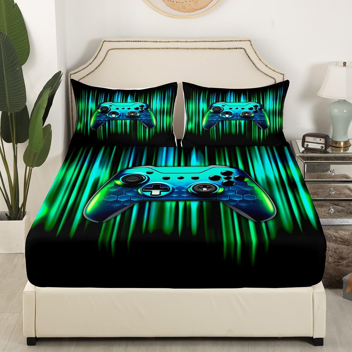 Gamepad Gaming Kids Fitted Sheet Queen Size,Video Games Controller Modern Gamers Bedding Set,Boys Men Room Decor,Geometric Stripes Lines Ombre Bed Cover,Blue Green Bed Sheet,2 Pillowcases image 2