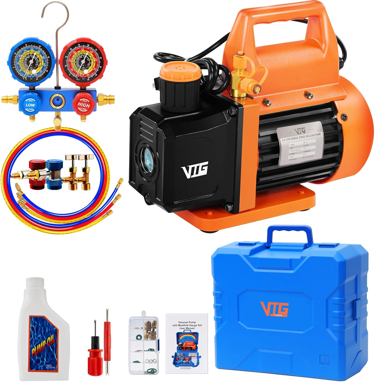 4.5 CFM AC Vacuum Pump and Gauge Set,for Mini Split/HVAC/Auto Systems,Manifold Gauge Kit Compatible with R22, R32, R134a,R410a,Includes 3 Hoses,2 R134a Can Tap,Upgraded Trifold Storage Case