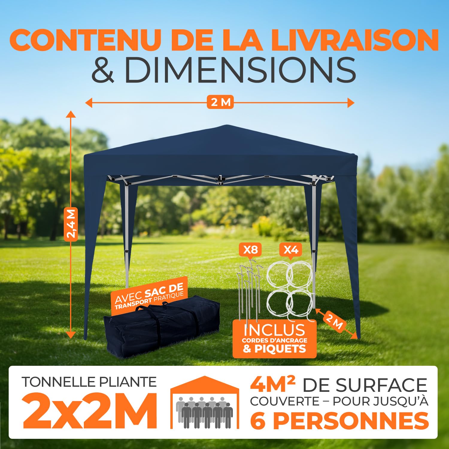 Kronenburg Tonnelle pliante étanche - Dimensions du toit : 2 x 2 m - Protection UV 50+ - Bleu