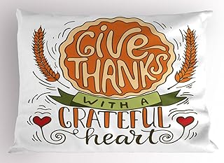Ambesonne Thanksgiving Pillow Sham, Give Thanks with a Grateful Heart Message with Wheat and Swirled Hearts Design, Decorative Standard Size Printed Pillowcase, 26