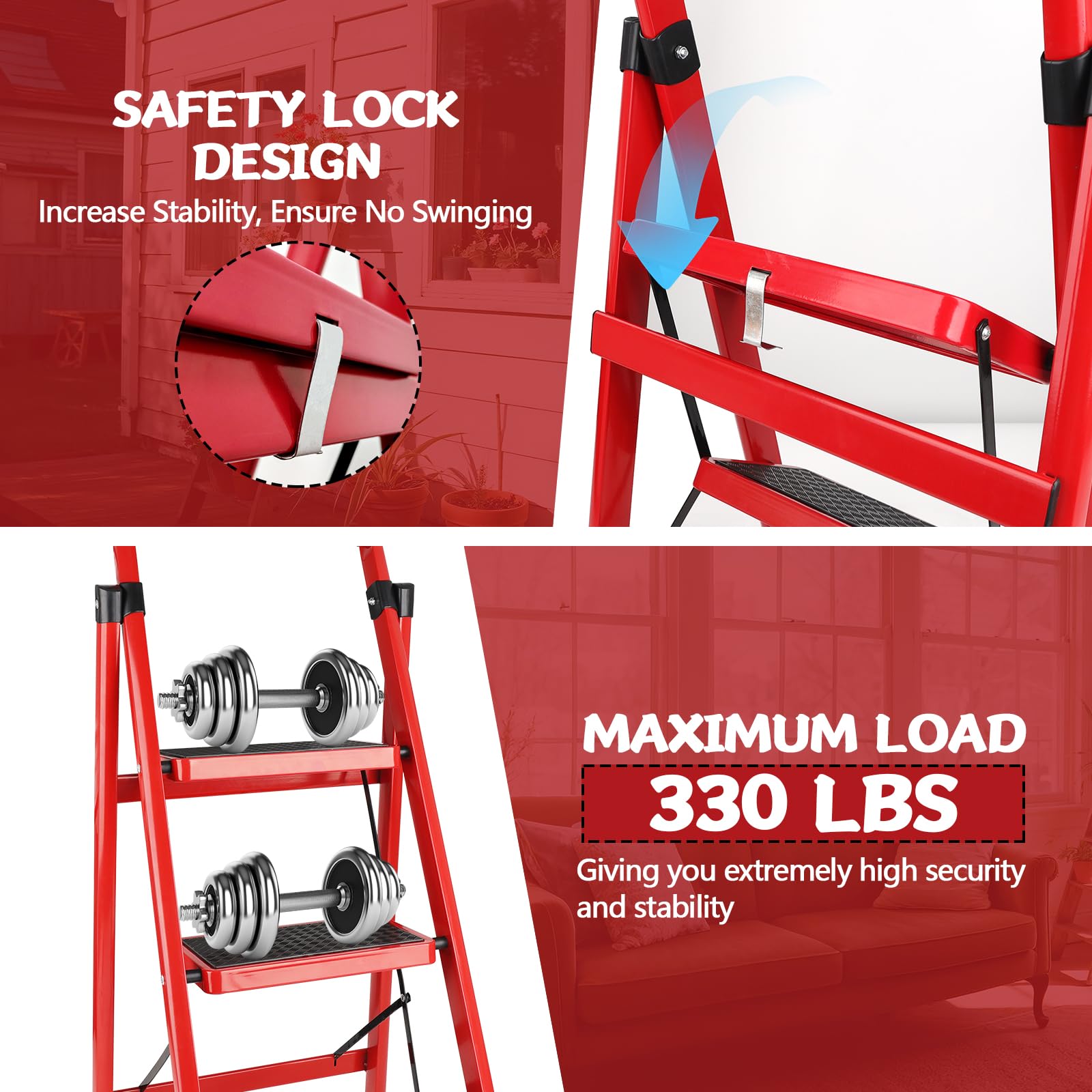 Ladder Folding, Step Stools For Adults With Wide Anti-Slip Pedals, 3 Step