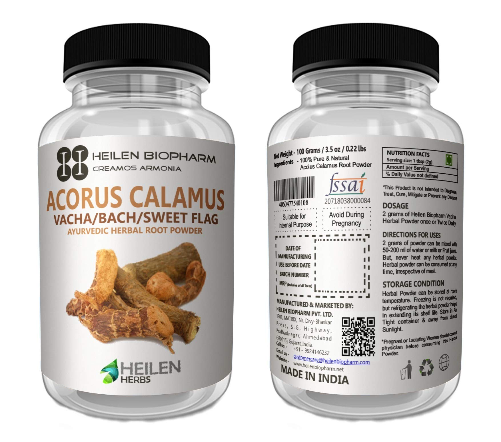 Heilen Biopharm Premium Vacha Powder - 200 gm (Sweet Flag/Acorus Calamus/Bach Powder), 100 gm Bottle x Pack of 2 - Image 2 thumbnail
