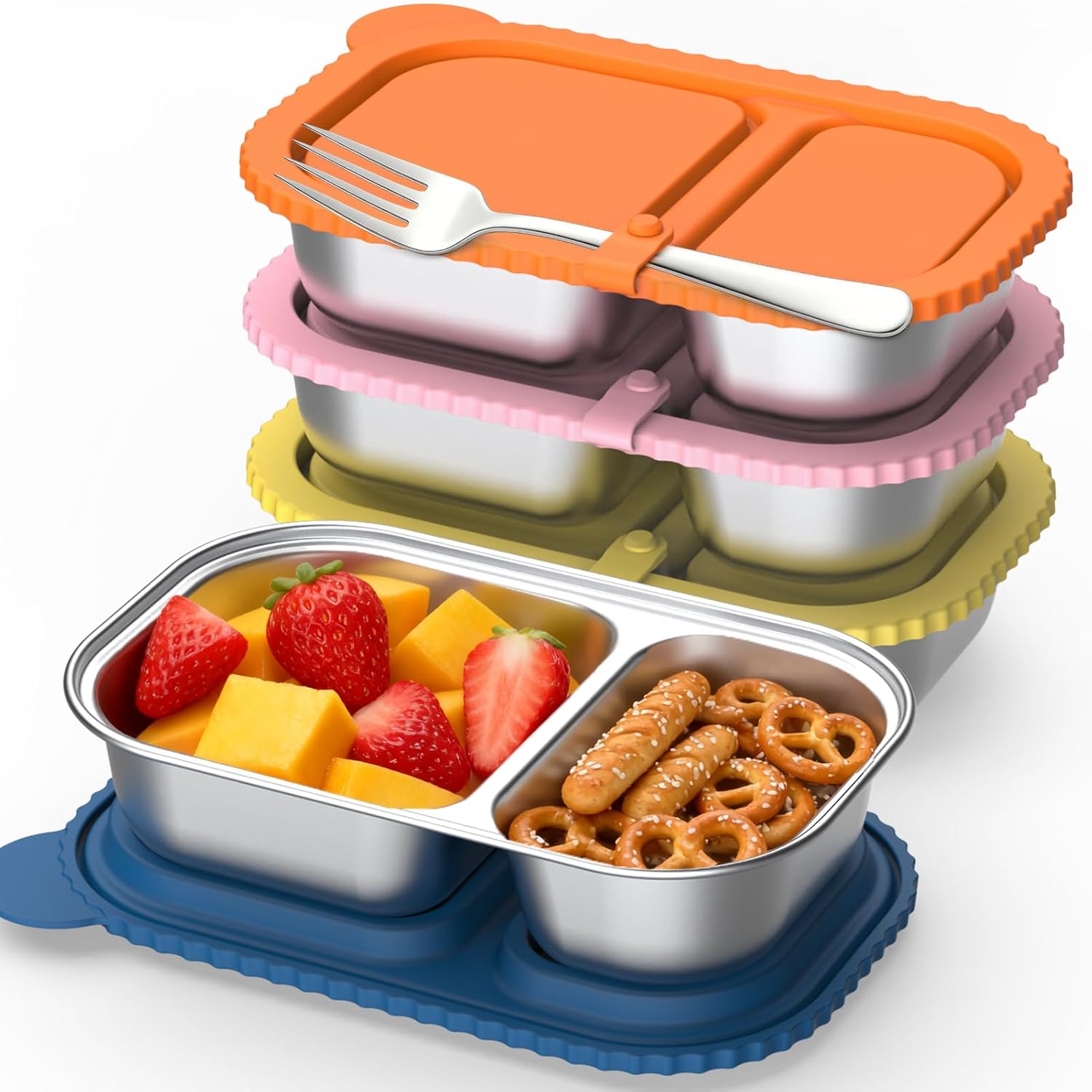 Juome 4 Pack Stainless Steel Snack Containers with Silicone Lids - Reusable 2 Compartment Snackle Box Container, Leak-Proof Food Storage Containers Lunch Box for School, Home, Office, Travel