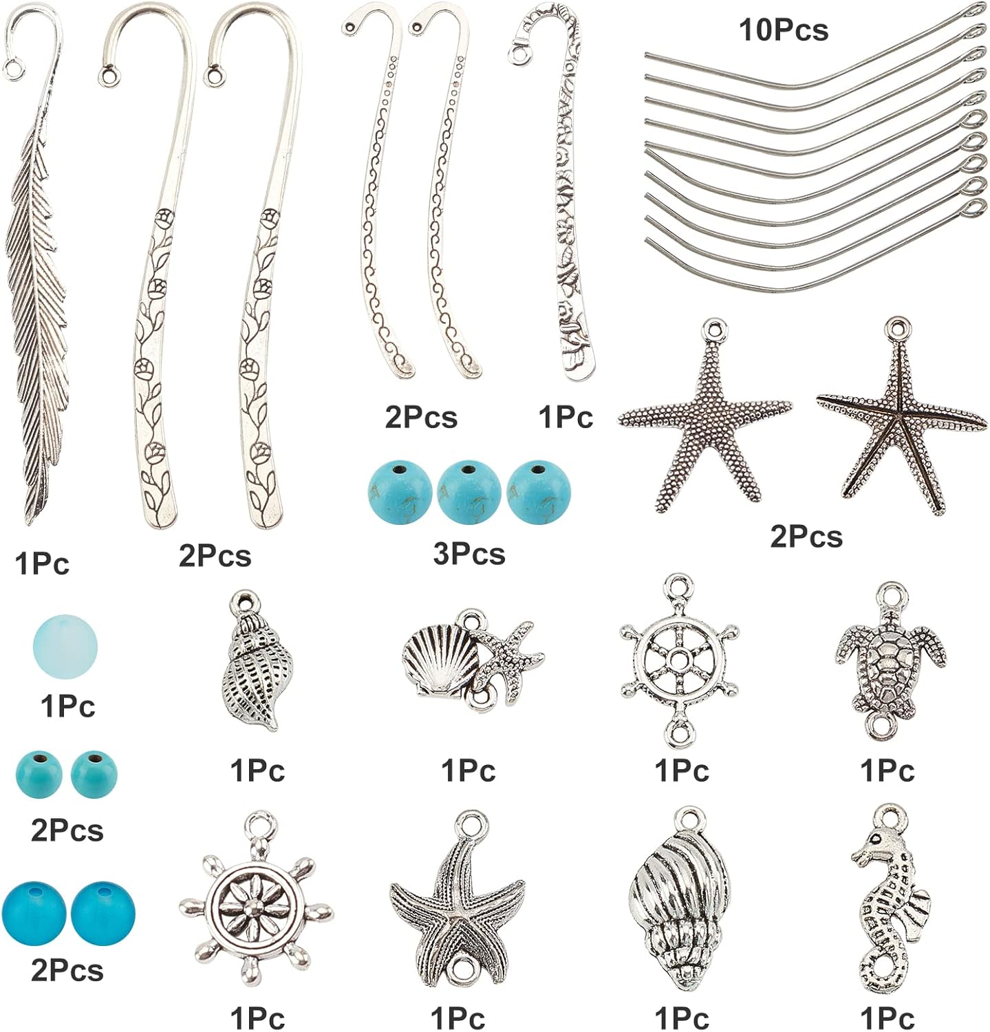 SUNNYCLUE DIY 6 Set Ocean Metal Hook Bookmarks Making Kit 6pcs Leaf Tibetan Style Alloy Bookmark with Starfish Shell Alloy Pendants & Turquoise Beads for DIY Alloy Bookmark Making,4.6inch Long - Image 3