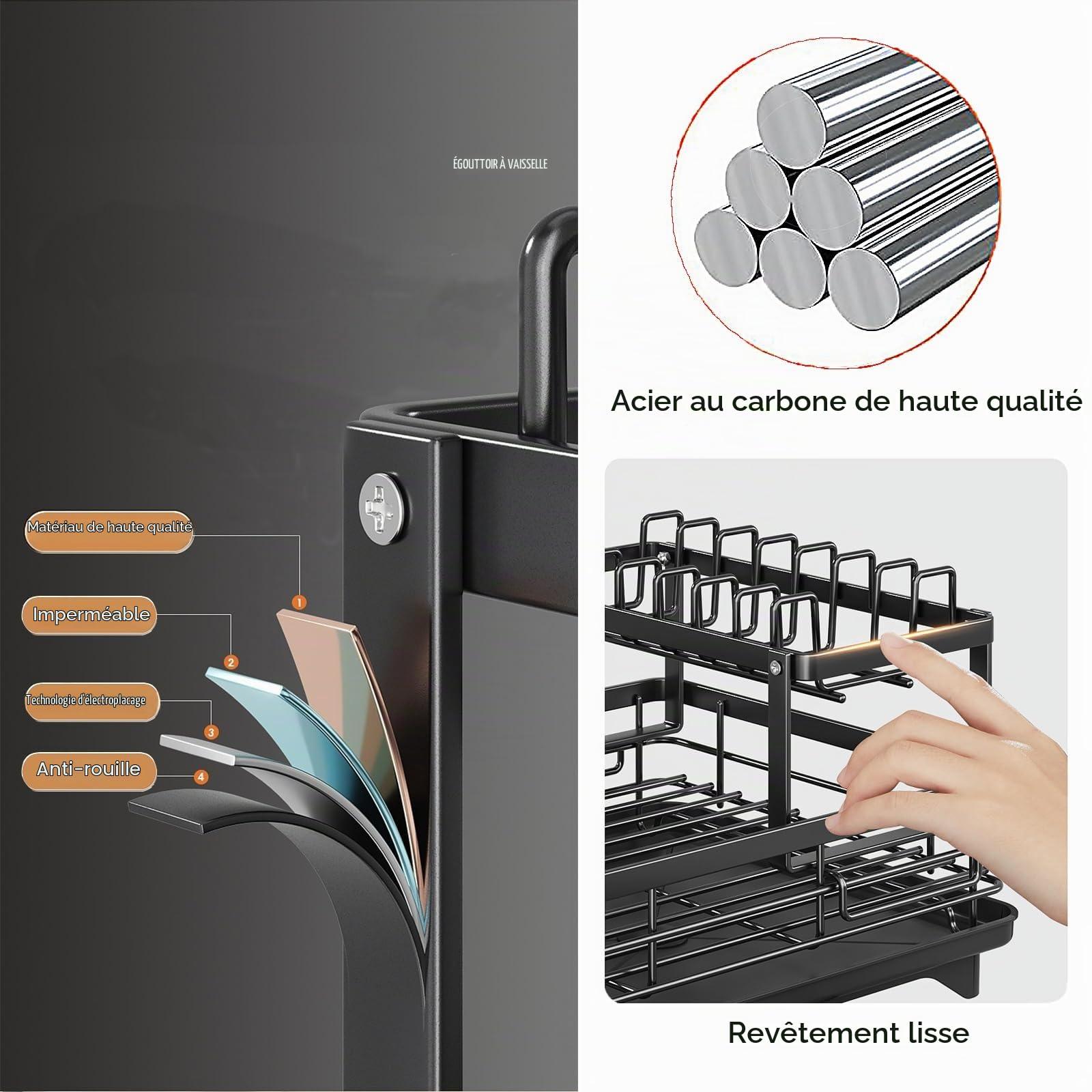Égouttoir à Vaisselle avec Tasse de Rangement et Sortie d'évacuation, Peu encombrant et idéal pour Une Utilisation dans la Cuisine. (Noir, 2 Niveaux)
