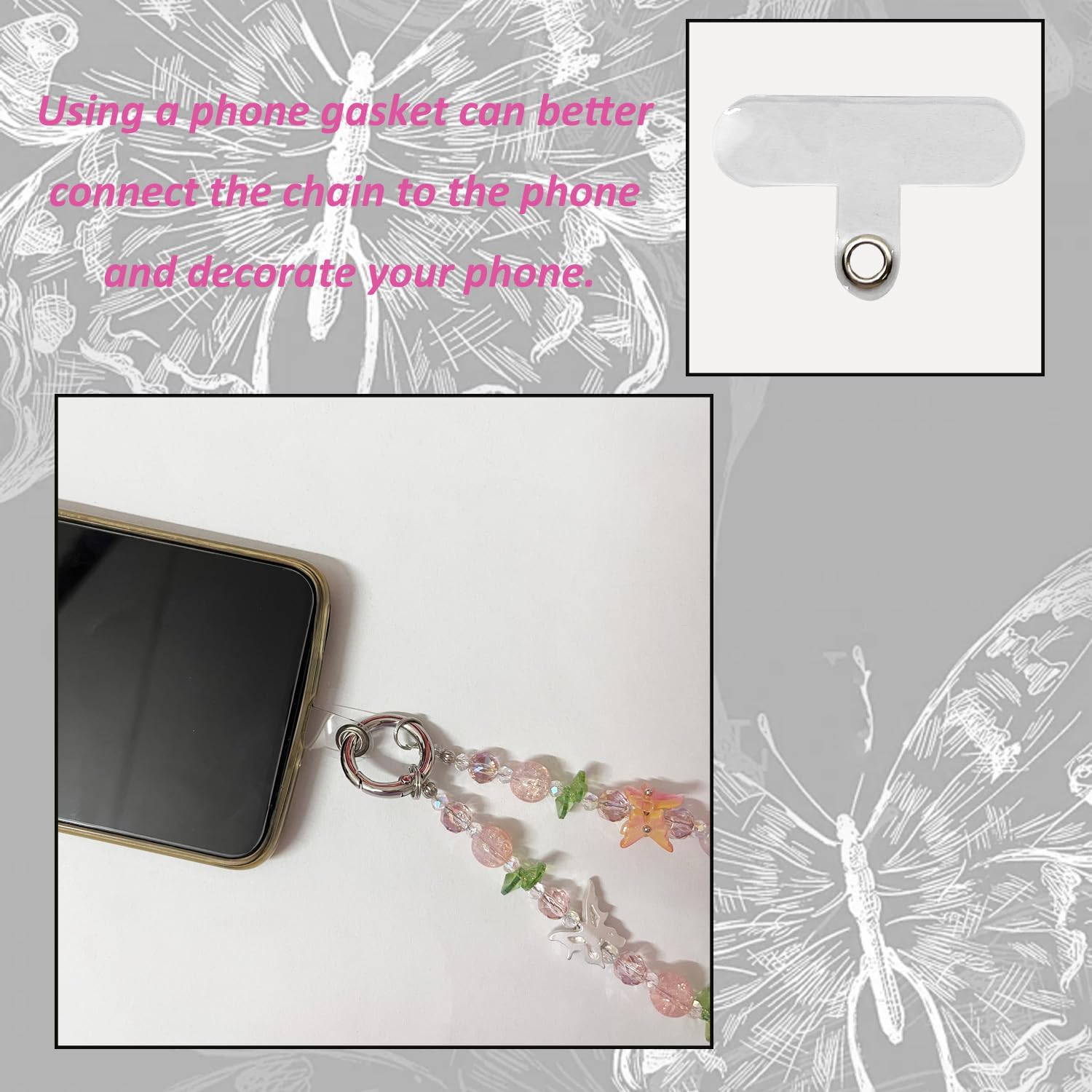 Butterfly Beaded Phone Charm, Butterfly Cellphone Wrist Strap, Animal Beaded Bag Chain, Cute Insect Bag Accessory (Pink) image 3