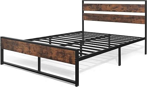 Miniatura 8 de CAPHAUS Marco de cama de metal con cabecera y estribo de madera modernos base de colchón cama de plataforma de metal con marco de acero de alta