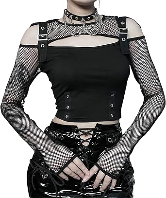 Women Gothic Crop Top Punk Black Long Sleeve Shirt Cropped Tops