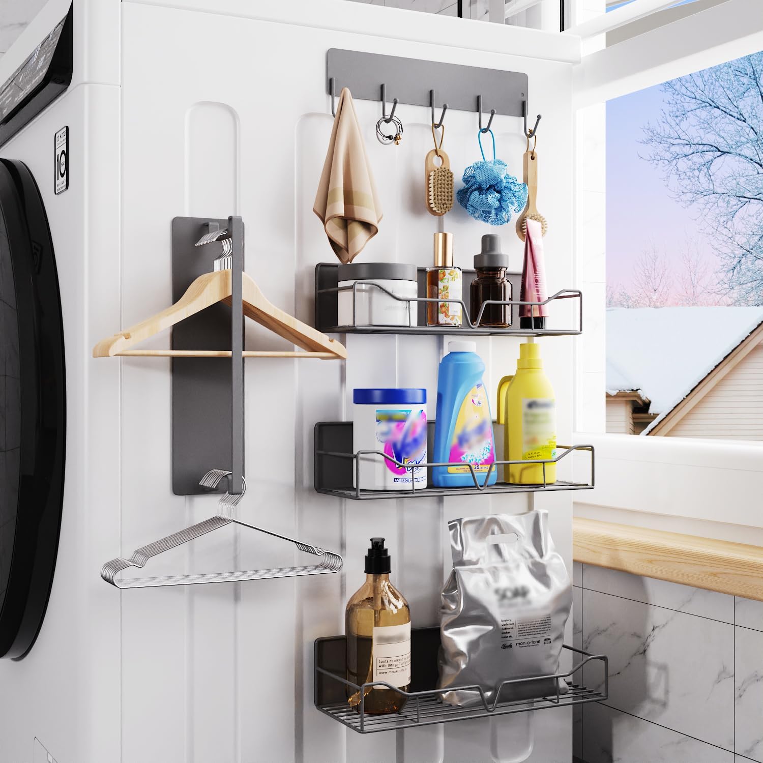 Magnetic Laundry Shelf Organizer, 5 Pack Magnetic Shelves for Washing Machine with Hooks, Heavy Duty Magnetic Storage Rack for Washer, Dryer, Refrigerator, Kitchen, Pantry & Laundry (Grey)