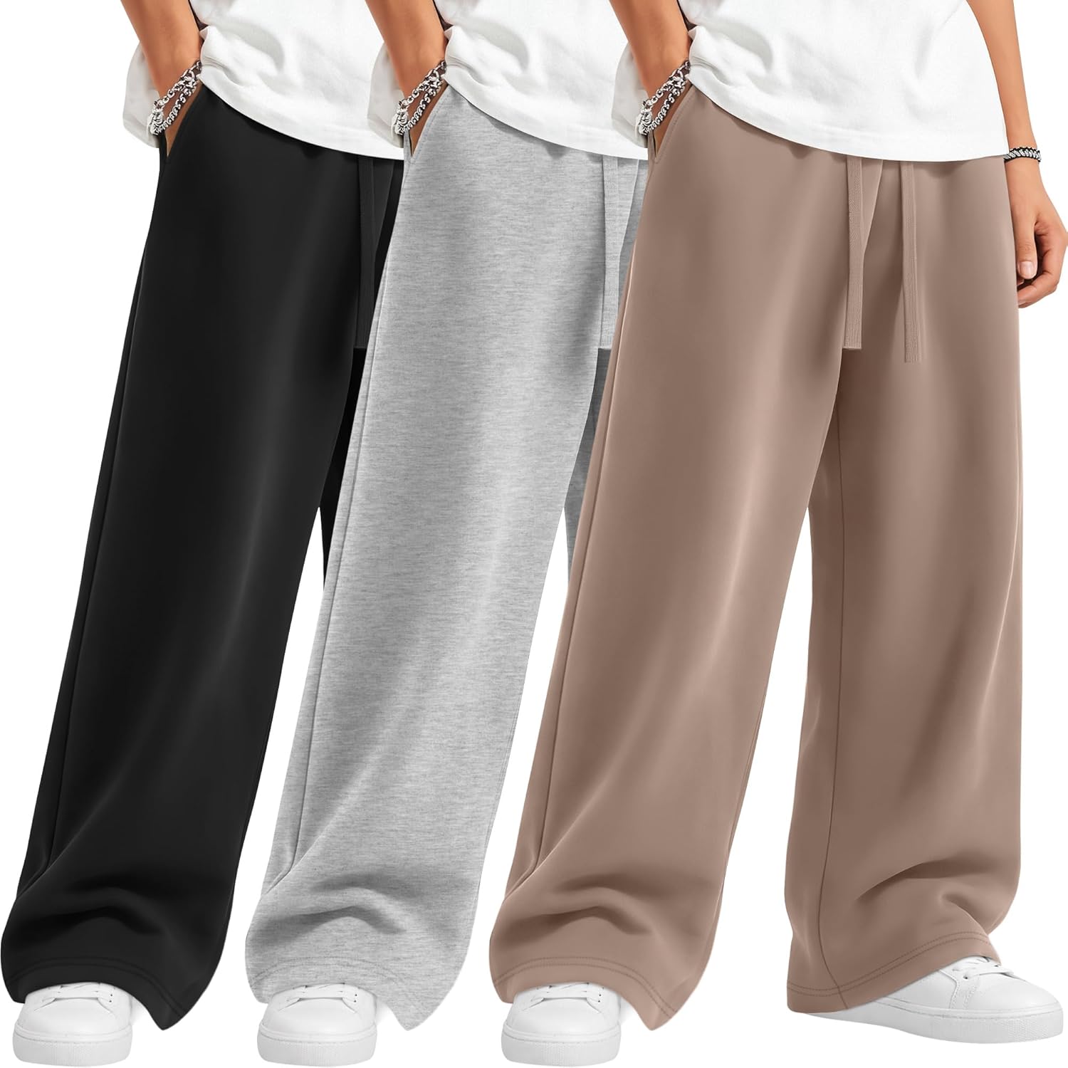 3 Pack Boy's Baggy Sweatpants Thin Straight Leg Open Bottom Athletic Pants Spring Drawstring Joggers with Pockets