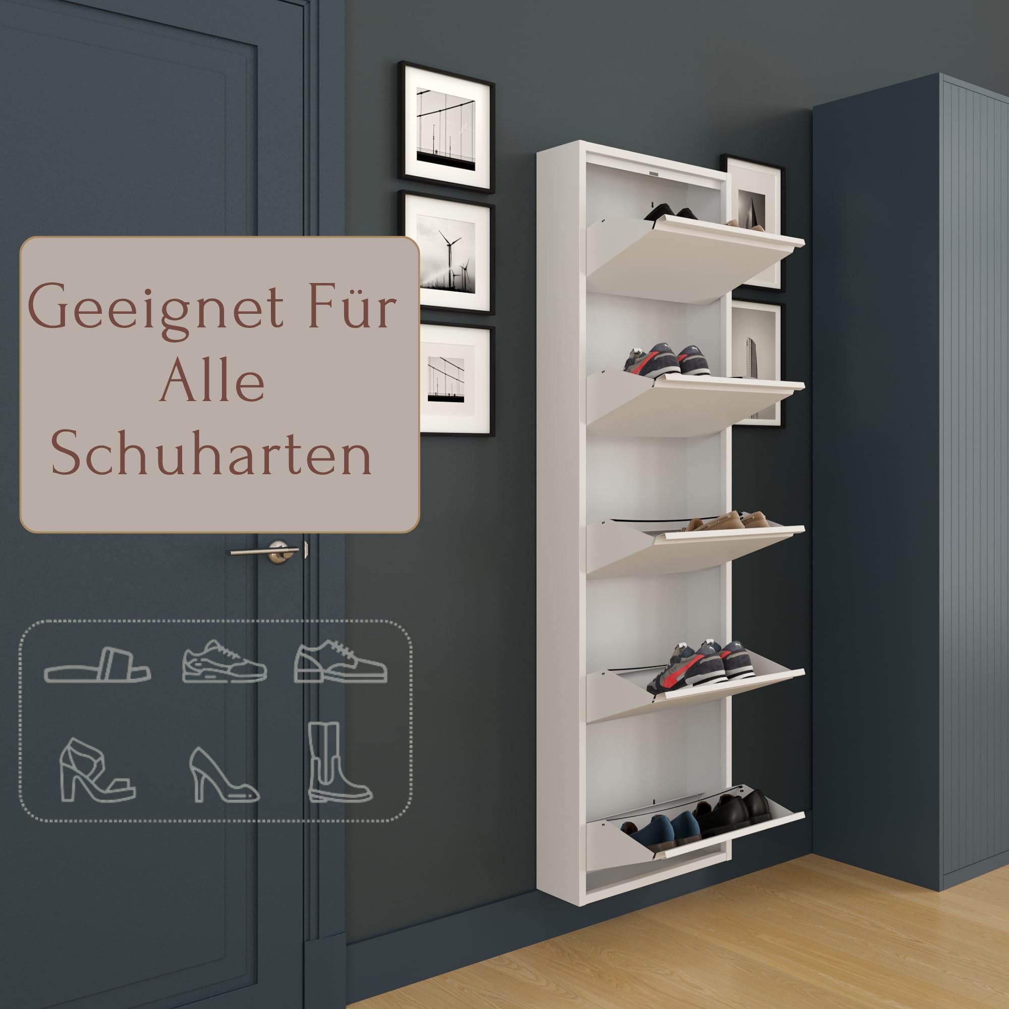 furni24 Schuhschrank, 5 Klappen, Metall, 10–14 Paar, wandmontierbar, vormontiert – Weiß