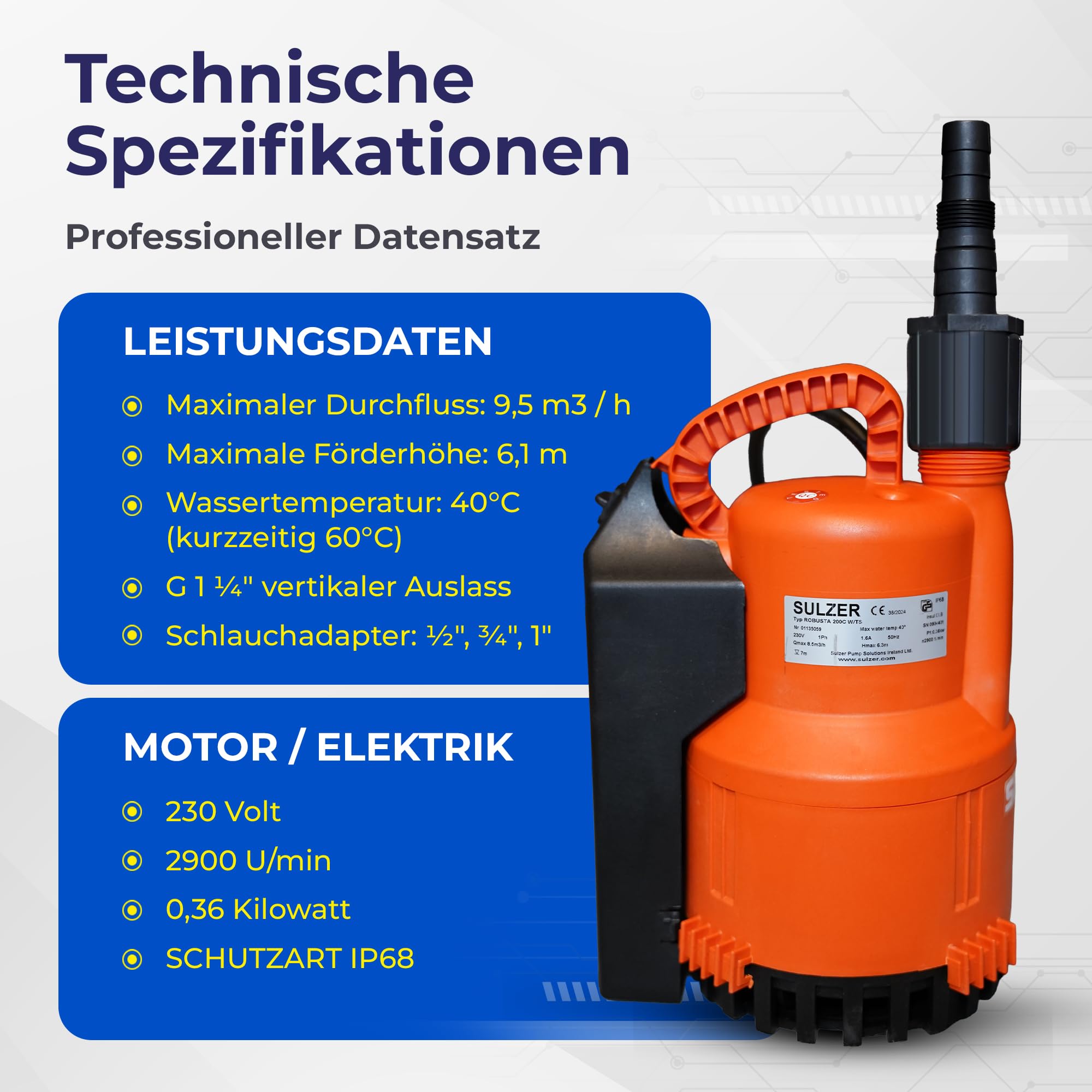 SULZER ABS Robusta 200 CW-TS Schmutzwasserpumpe bis 9.500 Liter/Stunde max. 6,1m Förderhöhe Flachabsaugung bis 3mm und 10m Kabel Art. 01135059