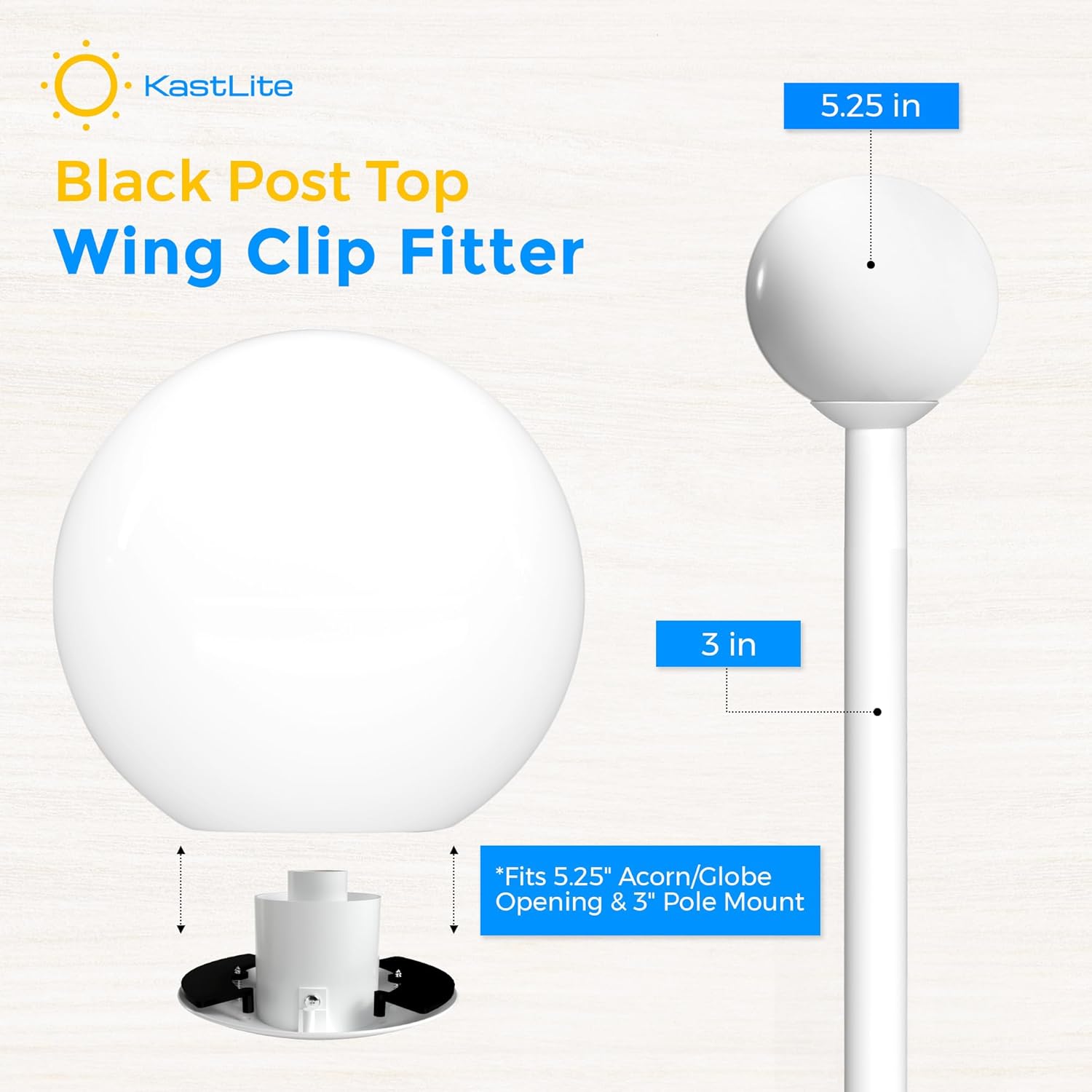 KASTLITE White Premium Wing Clip Post Top Fitter | Fits Lamp Post Globes and Acorns with a 5.25" Opening & 3" Post | Made of Polycarbonate | Heavy Duty