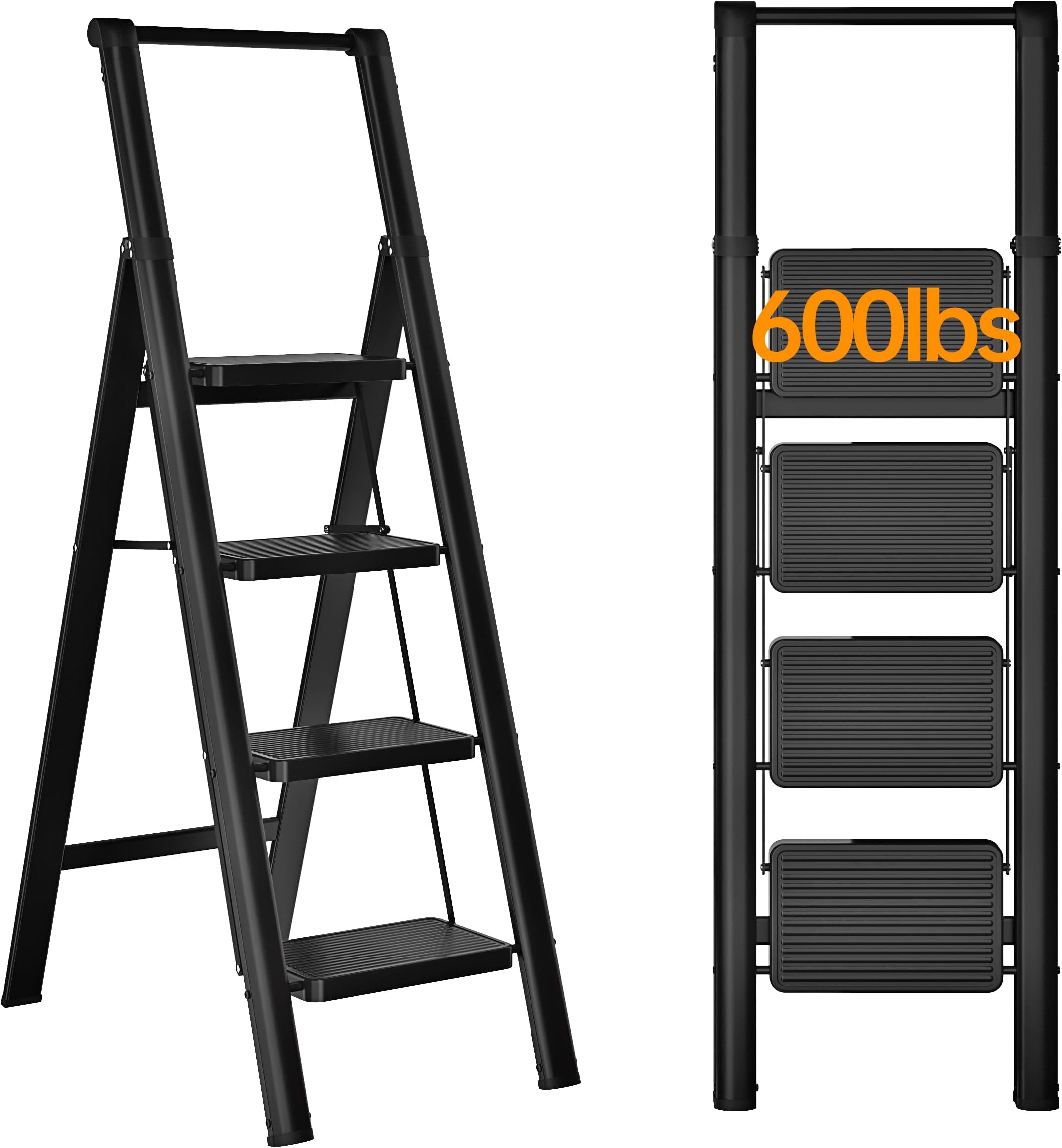 JOISCOPE4 Step Ladder, Foldable Step Stools for Adults with Wide Anti-Slip Pedal, 600lbs Lightweight Sturdy Steel Ladder,Convenient Handgrip,Portable Folding Ladder for Home Kitchen Office,Black