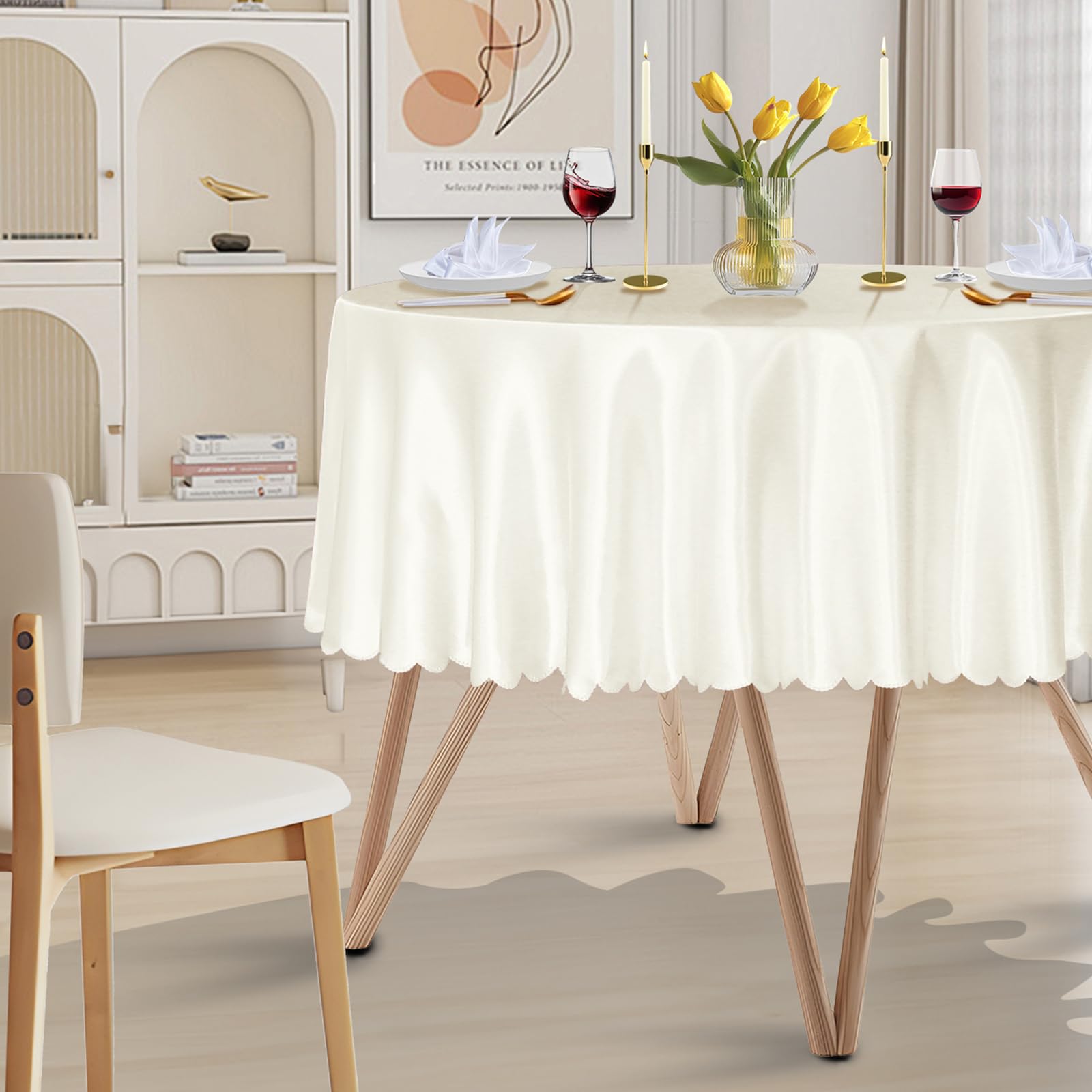 Photo 1 of Cobedzy 1 Pack 70 Inch Round Satin Tablecloth Ivory Satin Table Cover, Overlay Silky Tablecloth Dining Table Cloths for Wedding, Party, Banquet, Events, Reception, Dinner