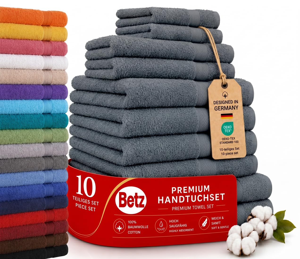 Betz Premium Classic Frottier Handtuch-Set 10-teilig - 2X Liegetücher - 4X Handtücher - 2X Gästetücher - 2X Seiftücher - anthrazit