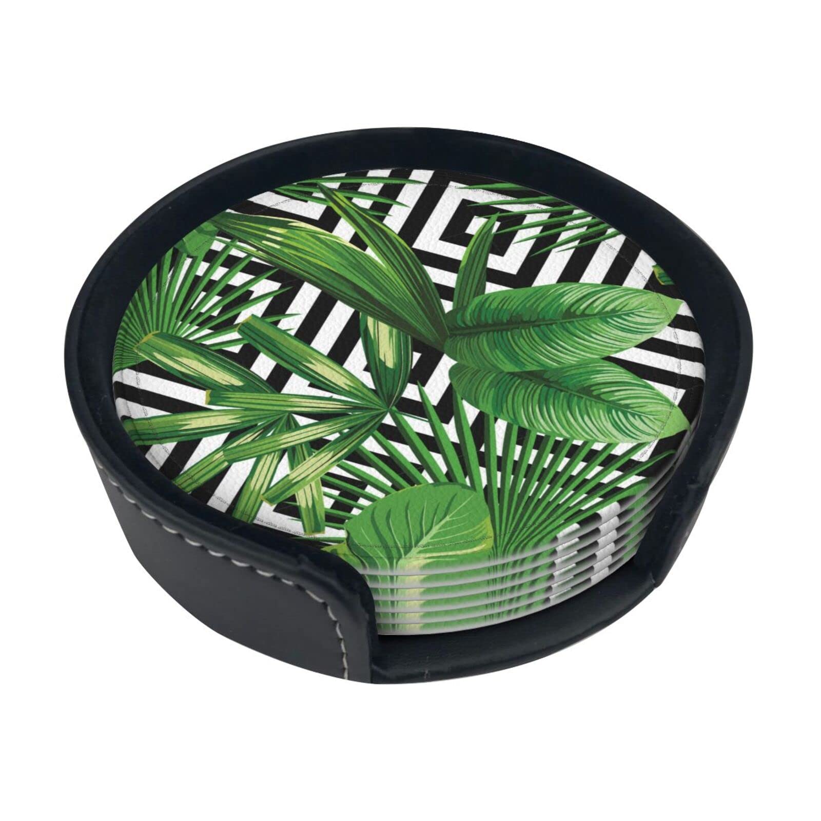 Alteko Green Coasters Set Of 6 Leaves Of Palm Tree Tropical Plant Print Leather Coasters For Drinks,Home Décor And Housewarming Gift