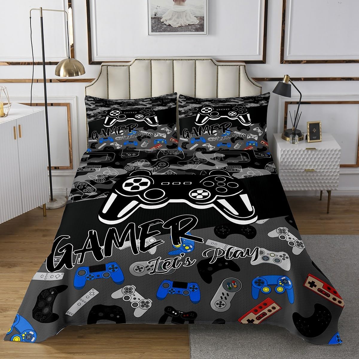 Homewish Video Games Boys Bedding Set Queen Size,Cartoon Gamepad Bedspread 3Pcs for Kids Teens Men Room Decor,Modern Gaming Comforter Cover Fashion Black Grey Quilt Coverlet,2 Pillowcases