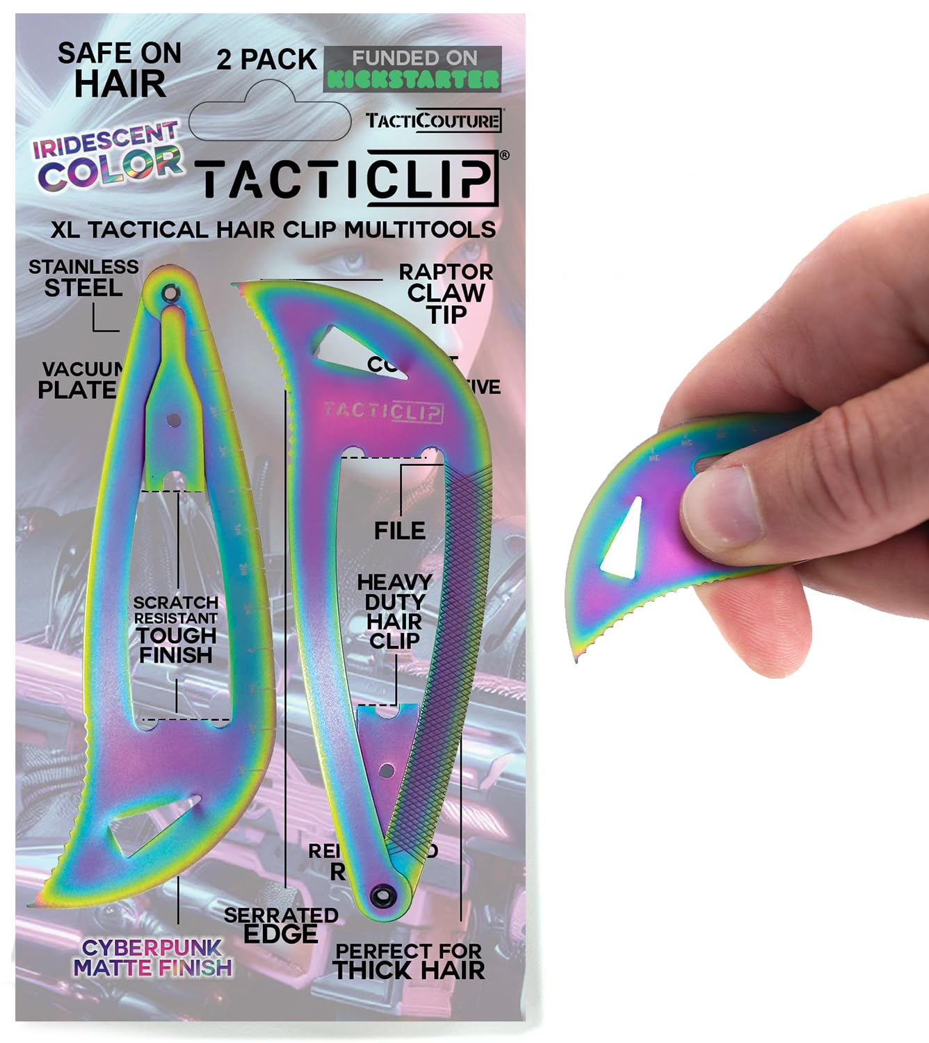 Cyberpunk XL Snap Hair Clip Multitool Barrettes in Iridescent for Thick Hair, Large 2 Pack, Tactical Stainless Steel Metal, Jumbo Salon Women Accessories