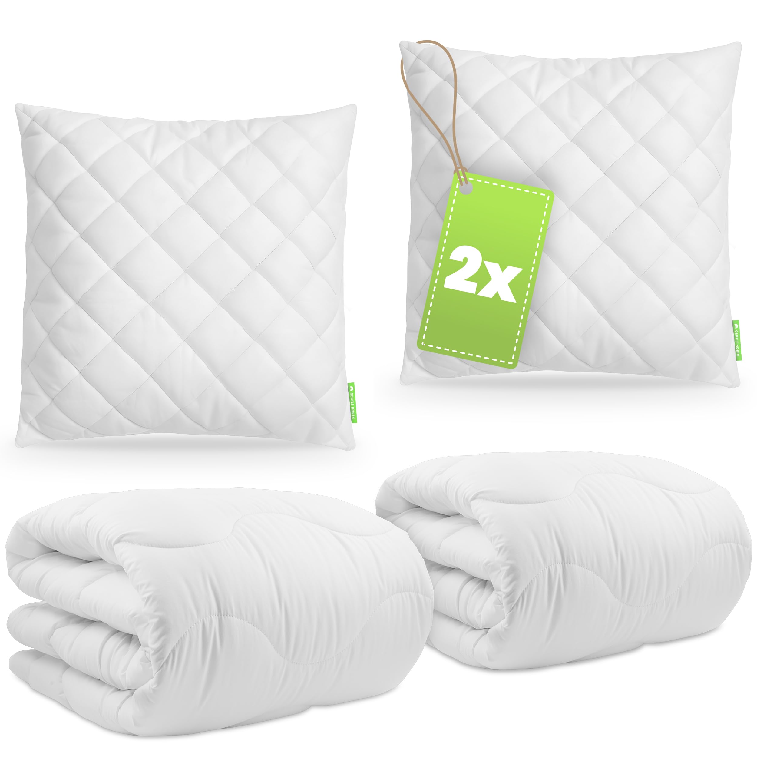 Gentle North Bettdecke 2X 135x200 Set mit 2X Kissen 80x80 - Ultrasoftes Bettenset bestehend aus atmungsaktiver Ganzjahresdecke & Kopfkissen - Ökotex Zertifiziert - Waschbar bis 60° - Weiß