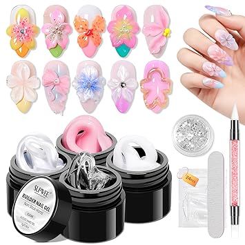 3D Sculpting Gel for Nail Art, 4PCS Solid Builder Gels for Nails Sculpture Carving Molding Extension for Beginners Manicure at Home Clear &White &Pearl White &Pink
