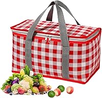 PUPOPIK Insulated Collapsible Picnic Cooler Bag - Reusable 24L Beach Food Bag Keeps Hot/Cold, Zippered Top for Picnics, Camping (Red)