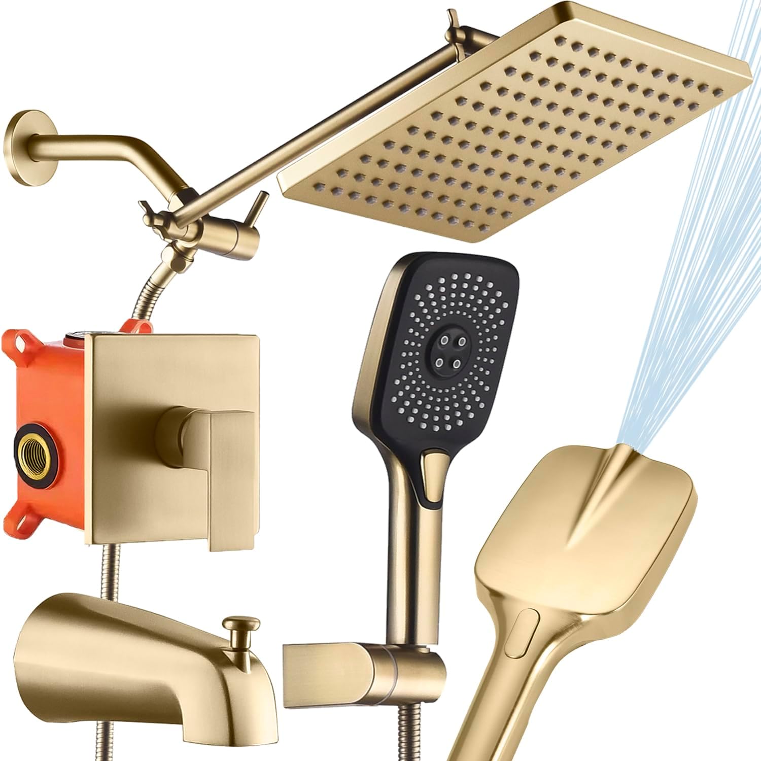 Shower Faucet Set with Tub Spout Brushed Gold 10 Inch Rainfall Shower 4 Setting Spray Mixer Shower System Modern Luxury Wall Mounted Tub Shower Faucet Set Rough-in Valve Body (Brushed Gold)