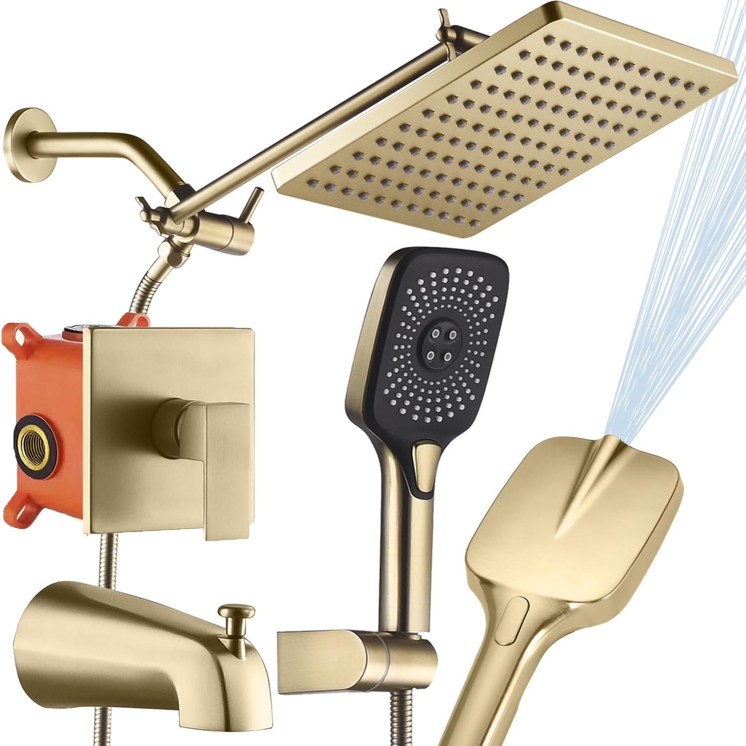 SUNZOE Shower Faucet Set with Tub Spout Brushed Gold 10 Inch Rainfall Shower 4 Setting Spray Mixer Shower System Modern Luxury Wall Mounted Tub Shower