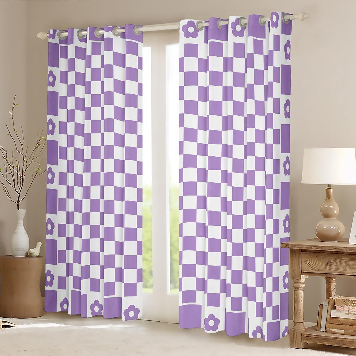 Manfei Geometric Grids Kids Window Curtains,Cartoon Daisy Flowers Window Drapes for Girls Women,Geometric Ombre Checkered Lattice Purple Window Treatments Grommet Top 2 Panel Set,42Wx90L inch