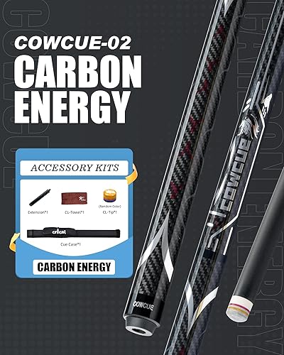 Vista 10 de CRICAL Taco de billar de fibra de carbono serie COWCUE de baja desviación para billar, palo de billar profesional de 58 pulgadas para adultos, punta