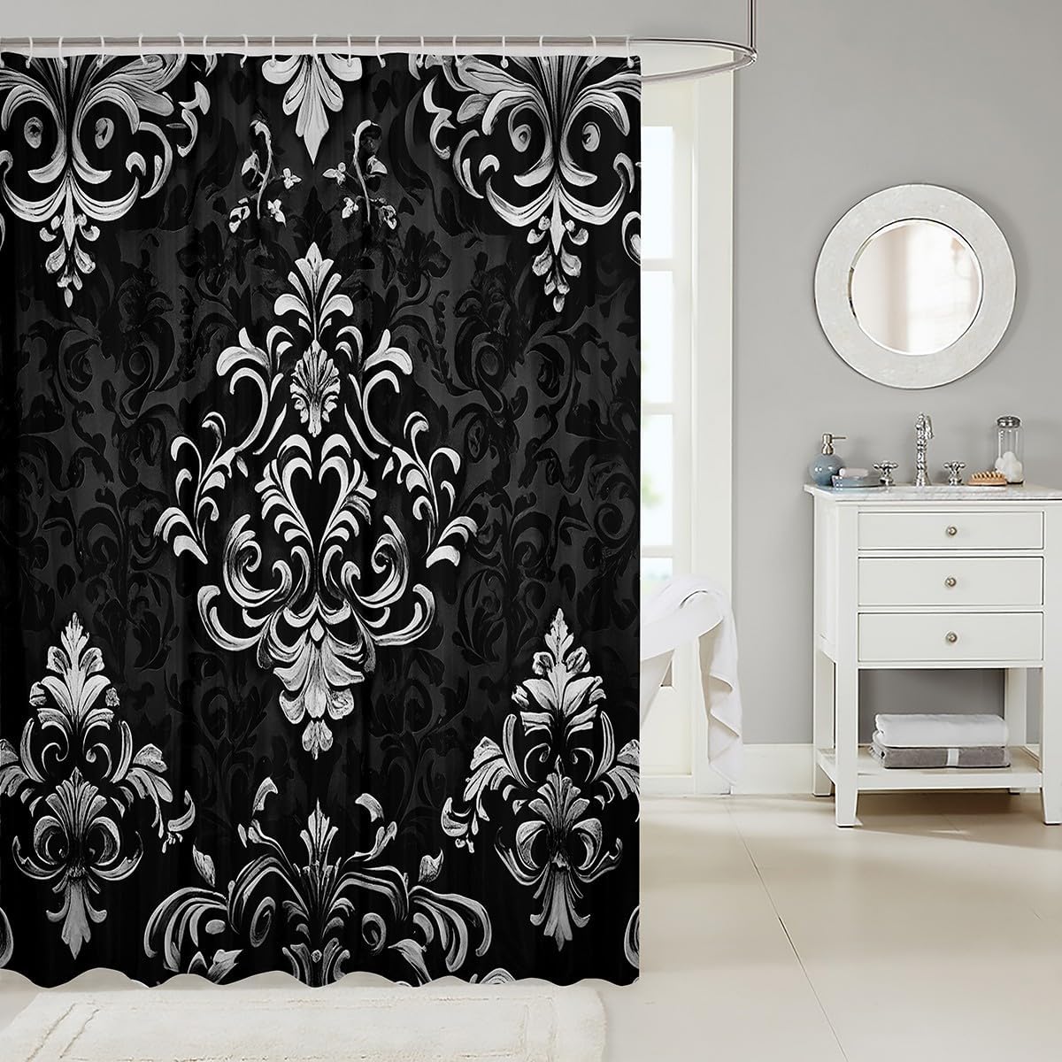 Erosebridal Black Grey Gothic Bathroom Accessories 72" Wx84 L,Vintage Boho Damask Floral Bathroom Curtain,Bohemian Exotic Goth Shower Curtain for Bathtub Victorian Baroque Flower Shower Decor